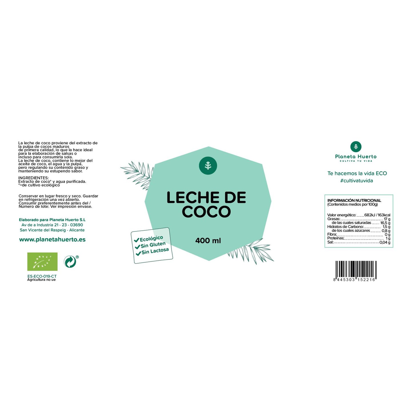 Crema de coco concentrada para cocinar ECO Planeta Huerto 400 ml