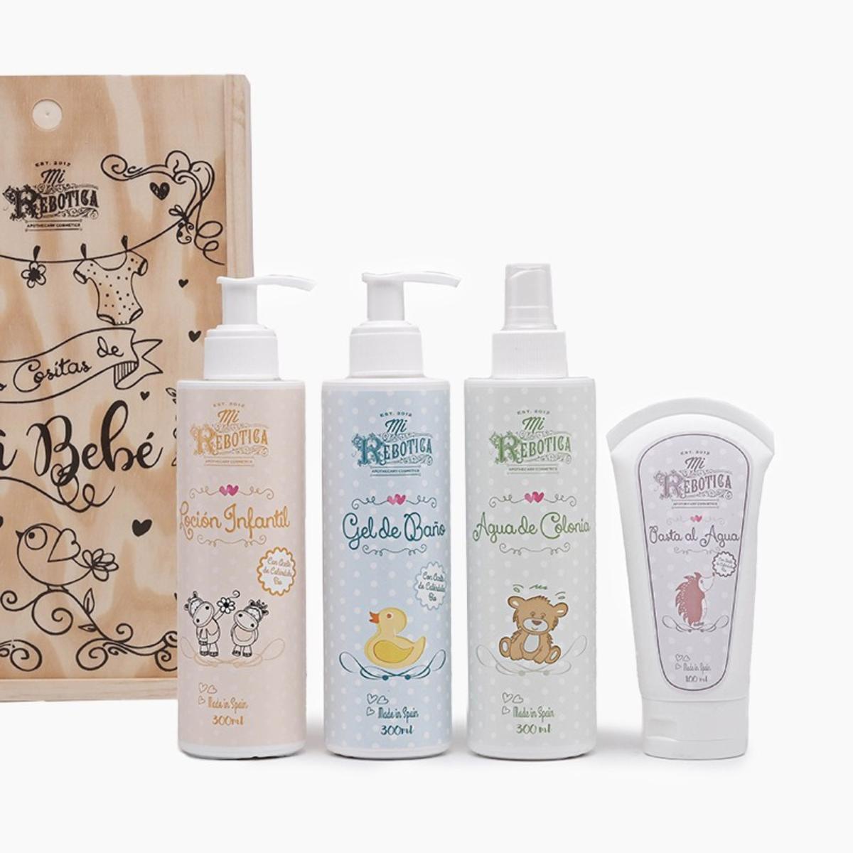 Caja madera regalo infantil: loción infantil, colonia infantil, pasta al agua y gel de baño infantil Mi Rebotica