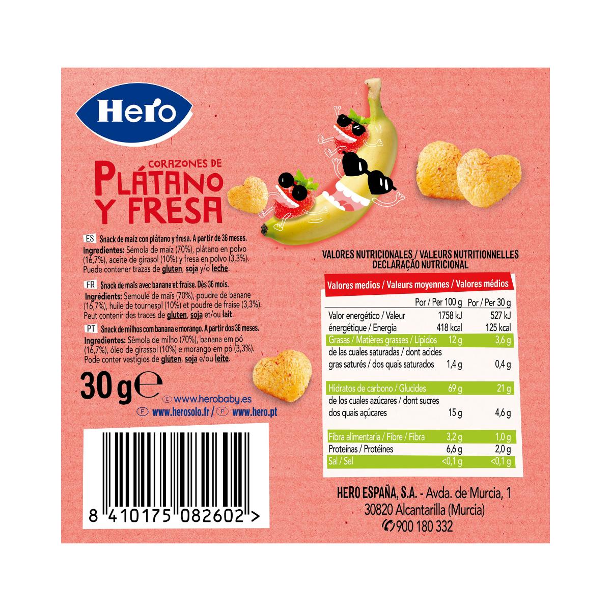 Pack 7x Snacks de Plátano y Fresa en forma de corazones 30 g. Hero-Kids