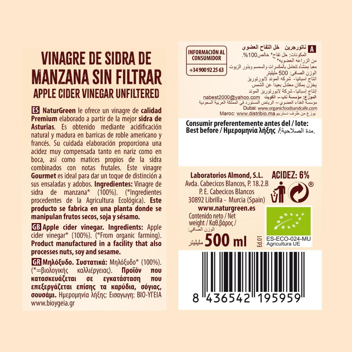 Vinagre de Sidra de Manzana Bio sin filtrar NaturGreen 500 ml