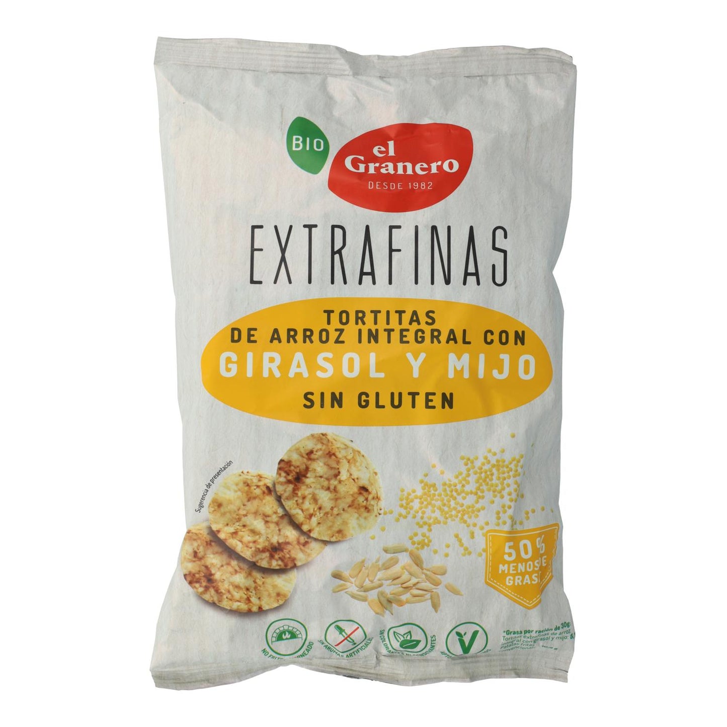 Tortitas Extrafinas de Arroz Integral y Semillas de Girasol BIO Sin gluten El Granero 60 g