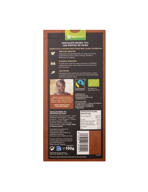 Tableta chocolate negro 70% pepitas cacao Bio Tierra Madre 100g