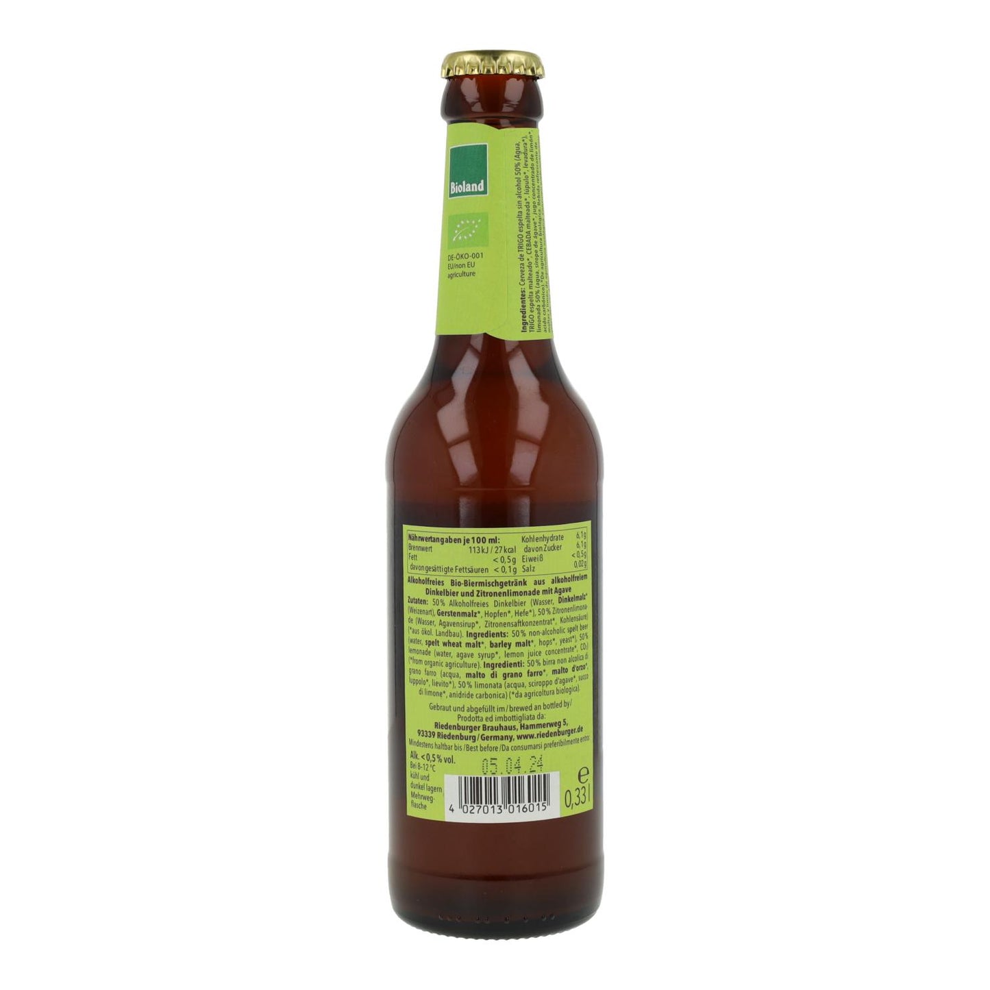 Cerveza Clara de Espelta sin alcohol Riedenburguer, 33cl.