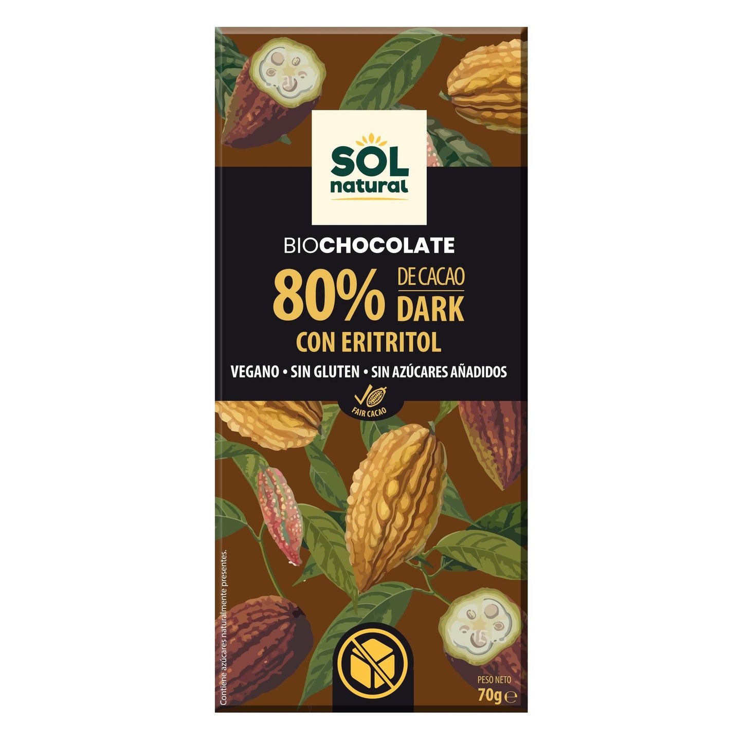 Chocolate vegano 80% con eritritol bio Sol Natural 70 g
