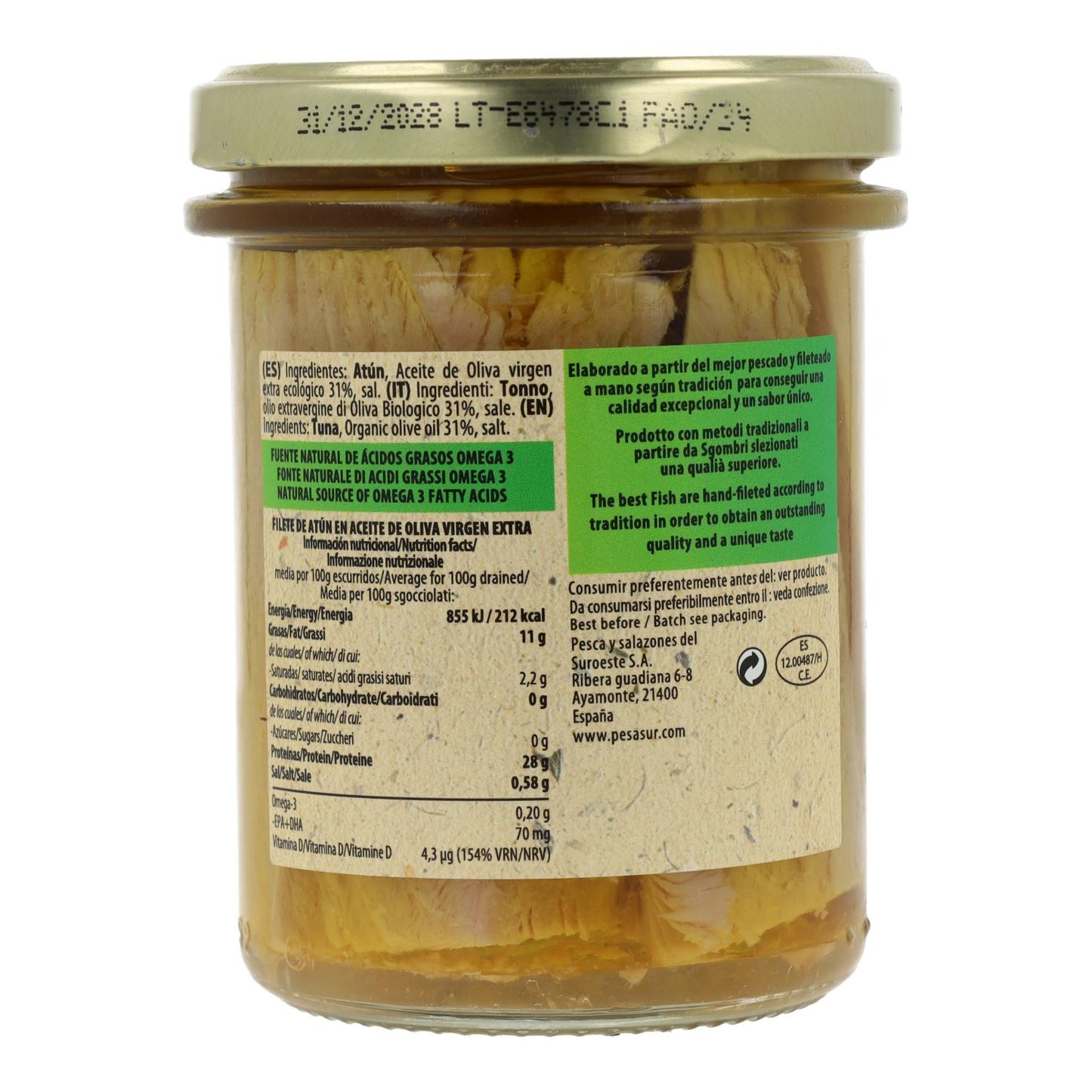 Filetes de atún en tarro de cristal Pesasur, 195 g