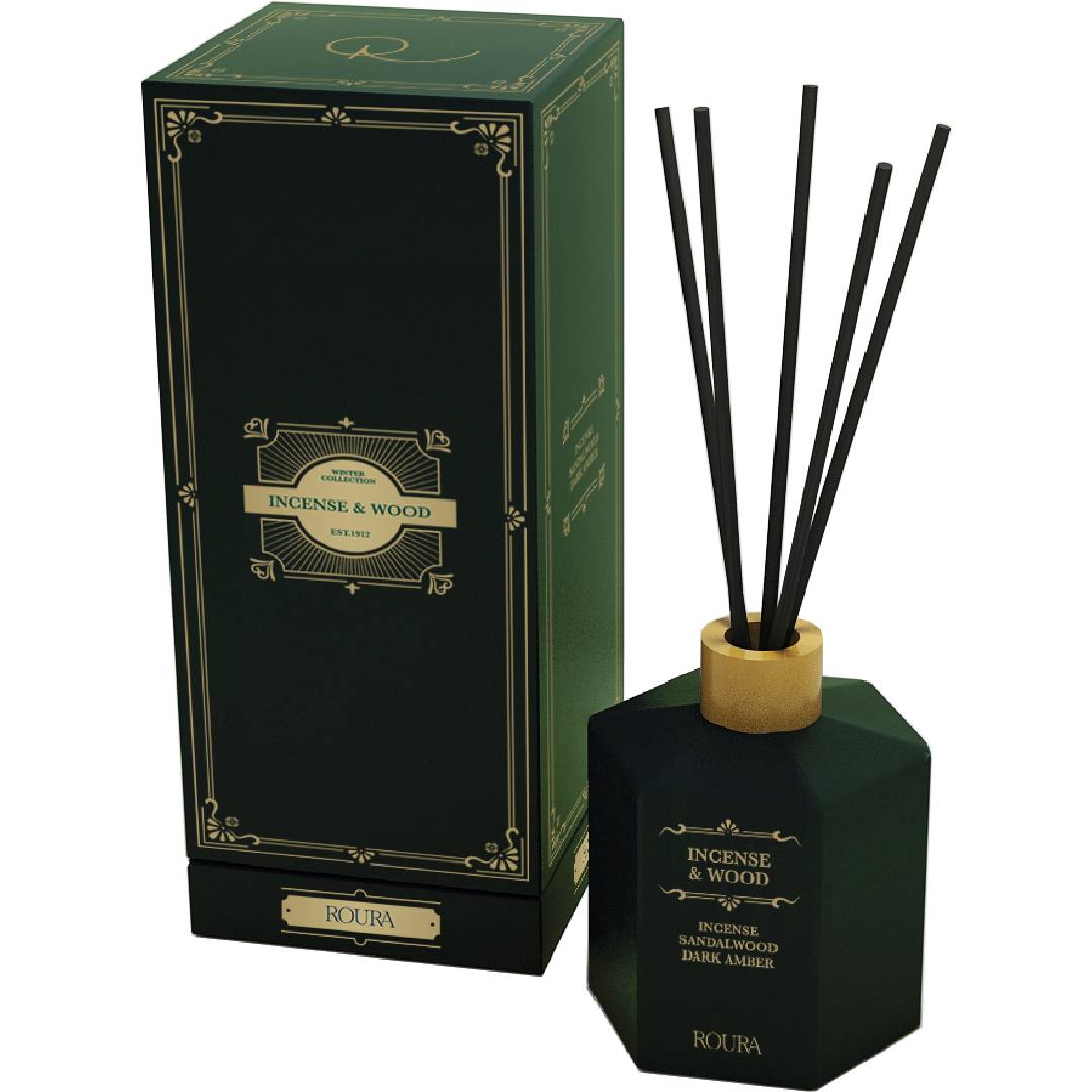 Ambientador mikado Incense & Wood Roura 100 ml Incienso, madera de sándalo & Dark Amber