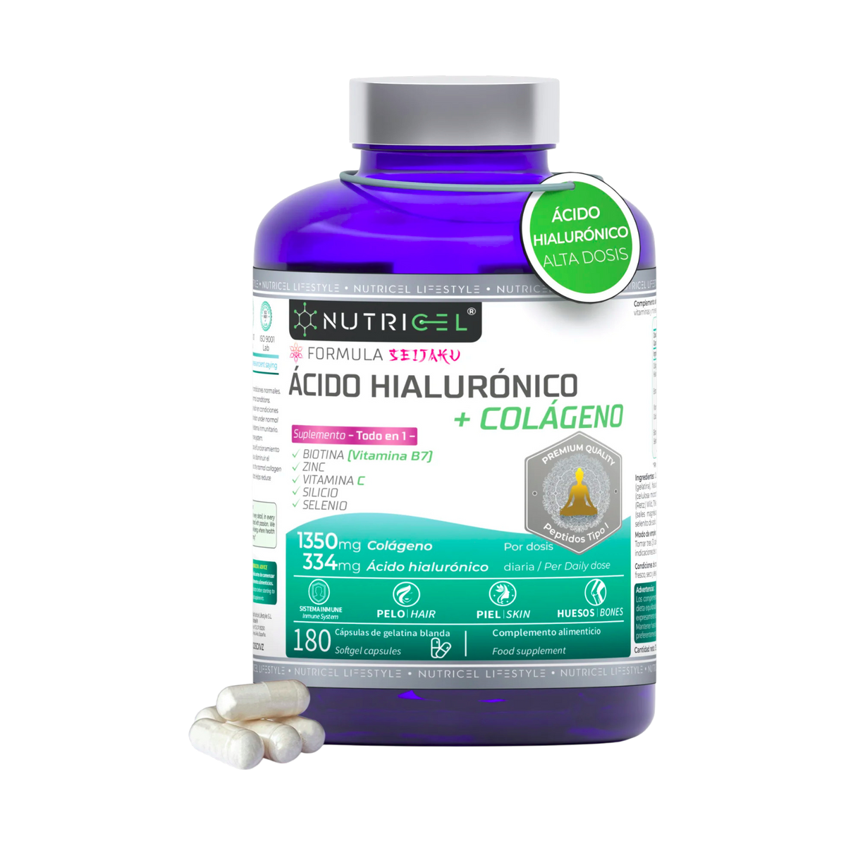 Ácido hialurónico con colágeno hidrolizado y biotina Nutricel 180 cápsulas