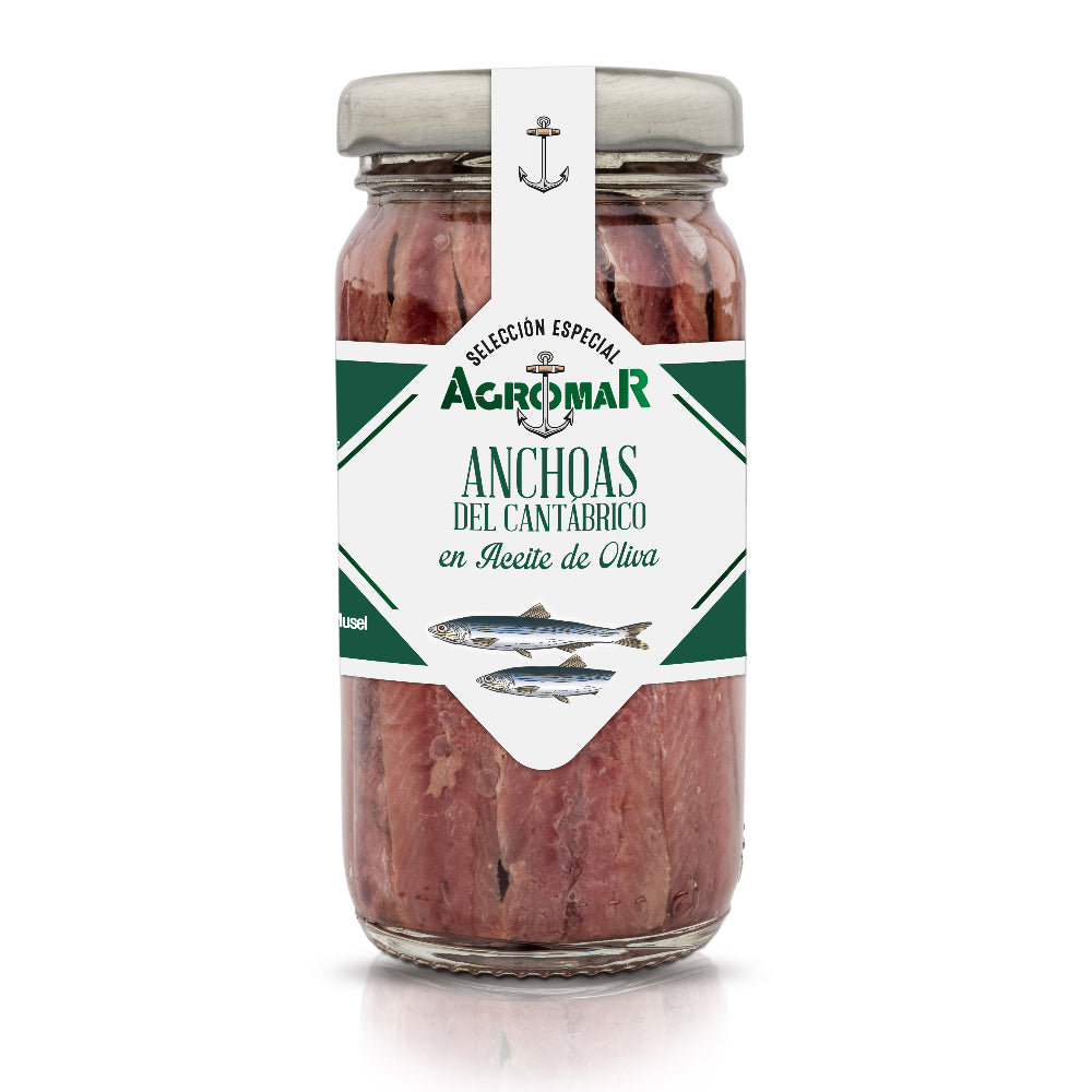 Anchoa del Cantábrico en Aceite de Oliva en Tarro de Vidrio AGROMAR 18-20 filetes (55 g peso escurrido)