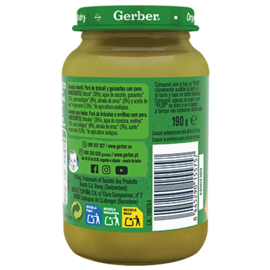 Tarrito de puré ecológico para bebés con Brócoli, Guisantes y Pavo Gerber 190 g