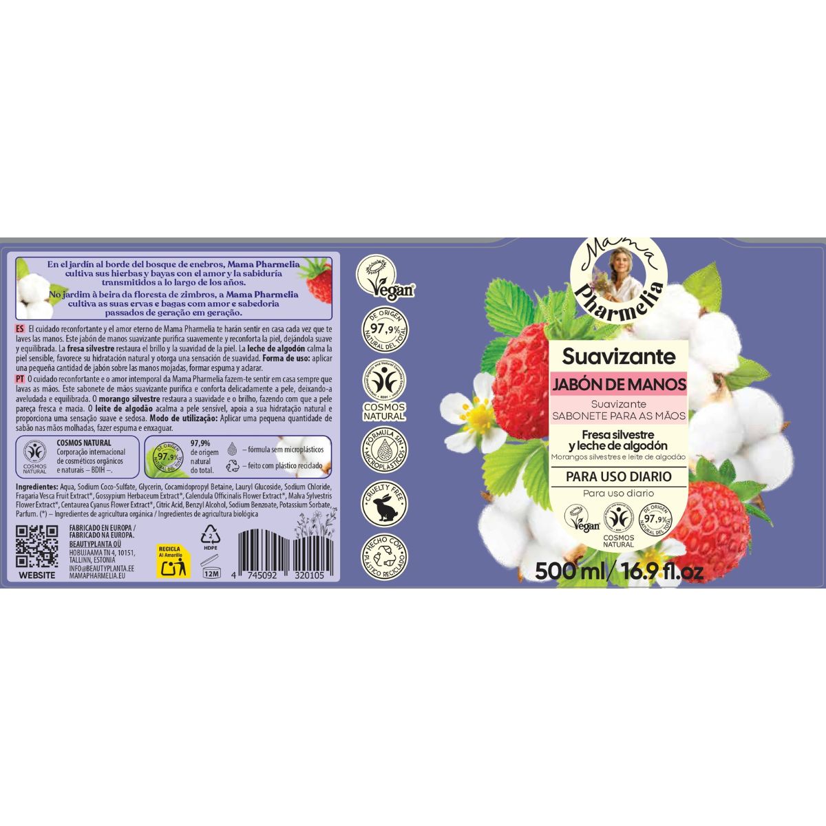 Jabón de Manos Suavizante con Fresa Silvestre y Leche de Algodón, Mama Pharmelia, 500 ml