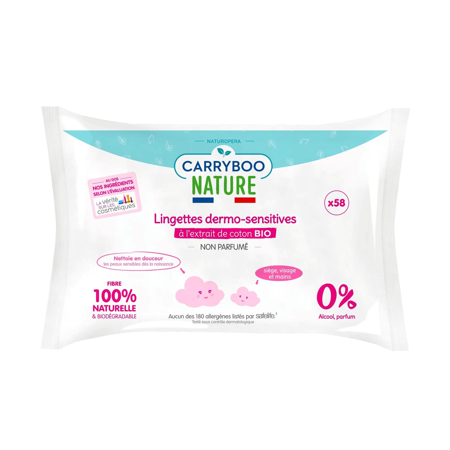 CARRYBOO - Toallitas Dermo-Sensitives con extracto de algodón orgánico - Paquete de 58