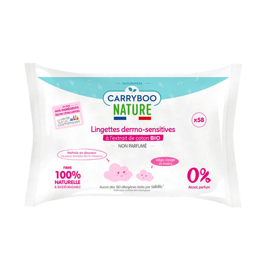 CARRYBOO - Toallitas Dermo-Sensitives con extracto de algodón orgánico - Paquete de 58