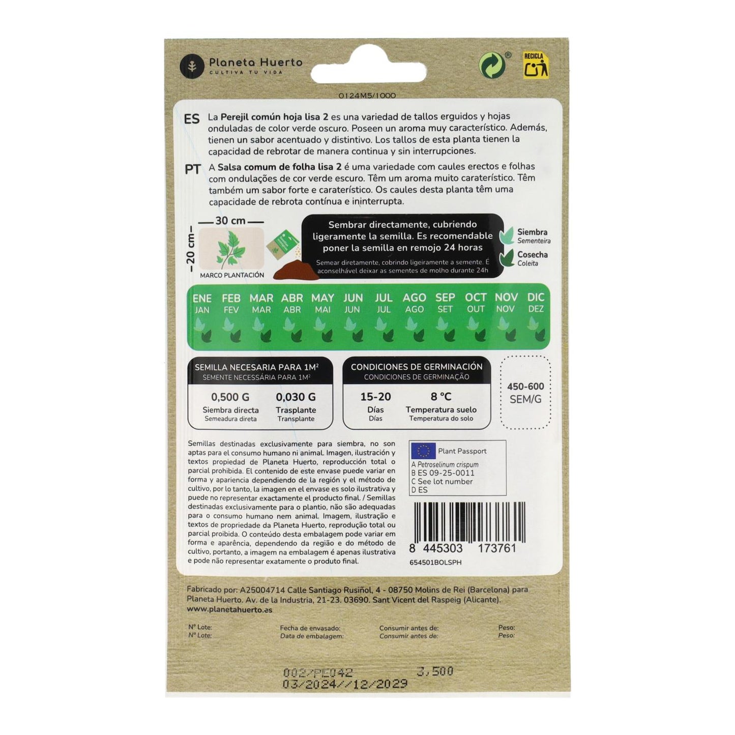 Semillas de Perejil común hoja lisa ecológicas Planeta Huerto