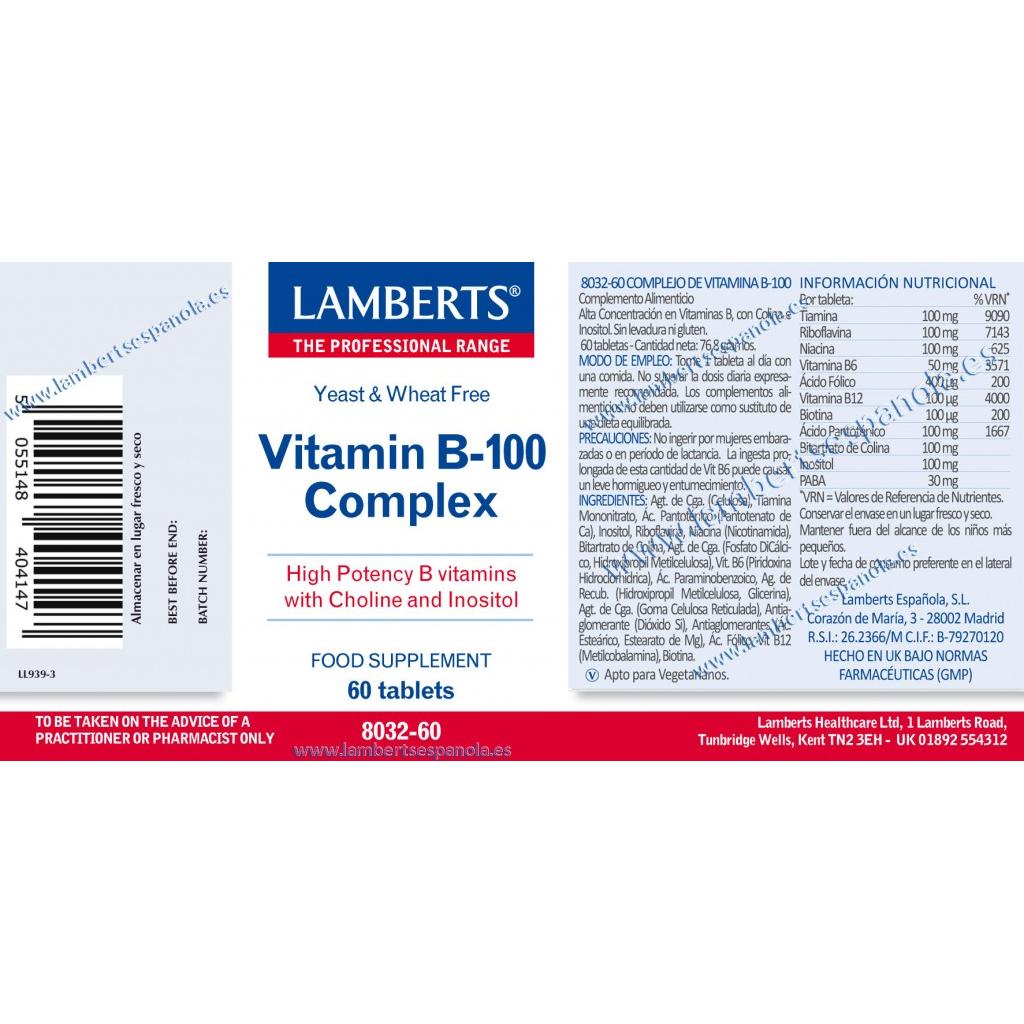 Pack 2x Complejo de Vitamina B-100, Lamberts, 60 tabletas