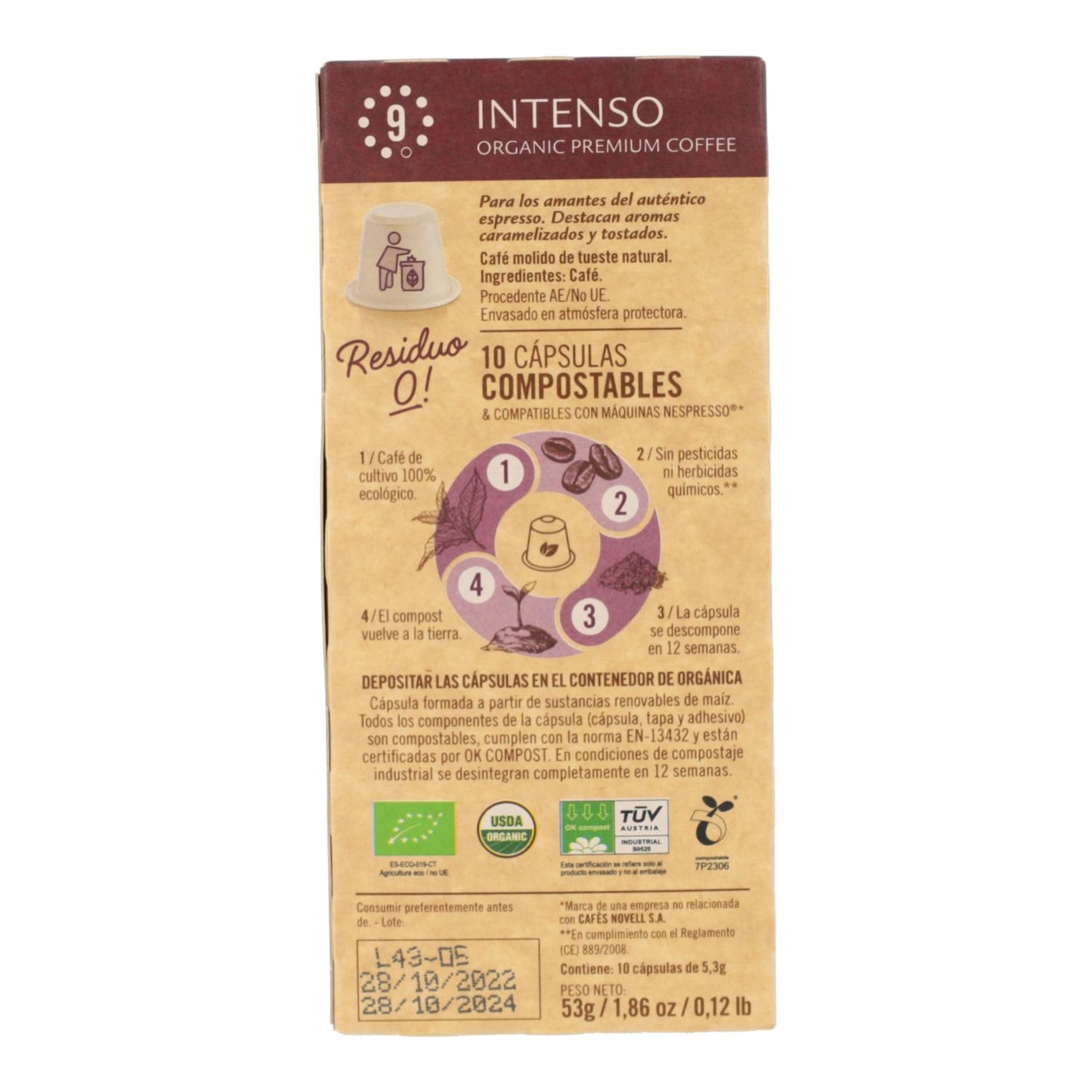 Cápsulas compostables de café intenso para nespresso Novell 10 unidades