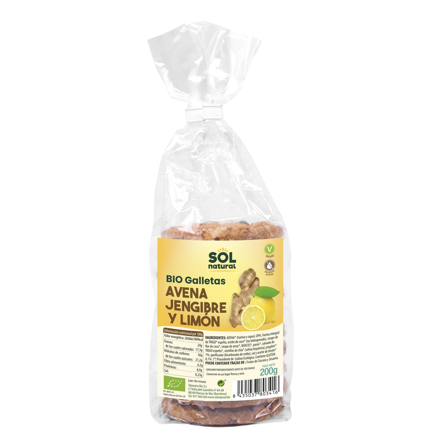 Galletas de avena, jengibre y limón bio Sol Natural 200 g