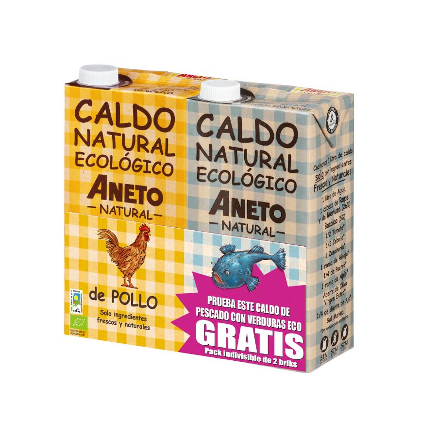 Pack Caldo Natural de Pollo Eco 1L  + GRATIS Caldo de Pescado Eco 1L  Aneto