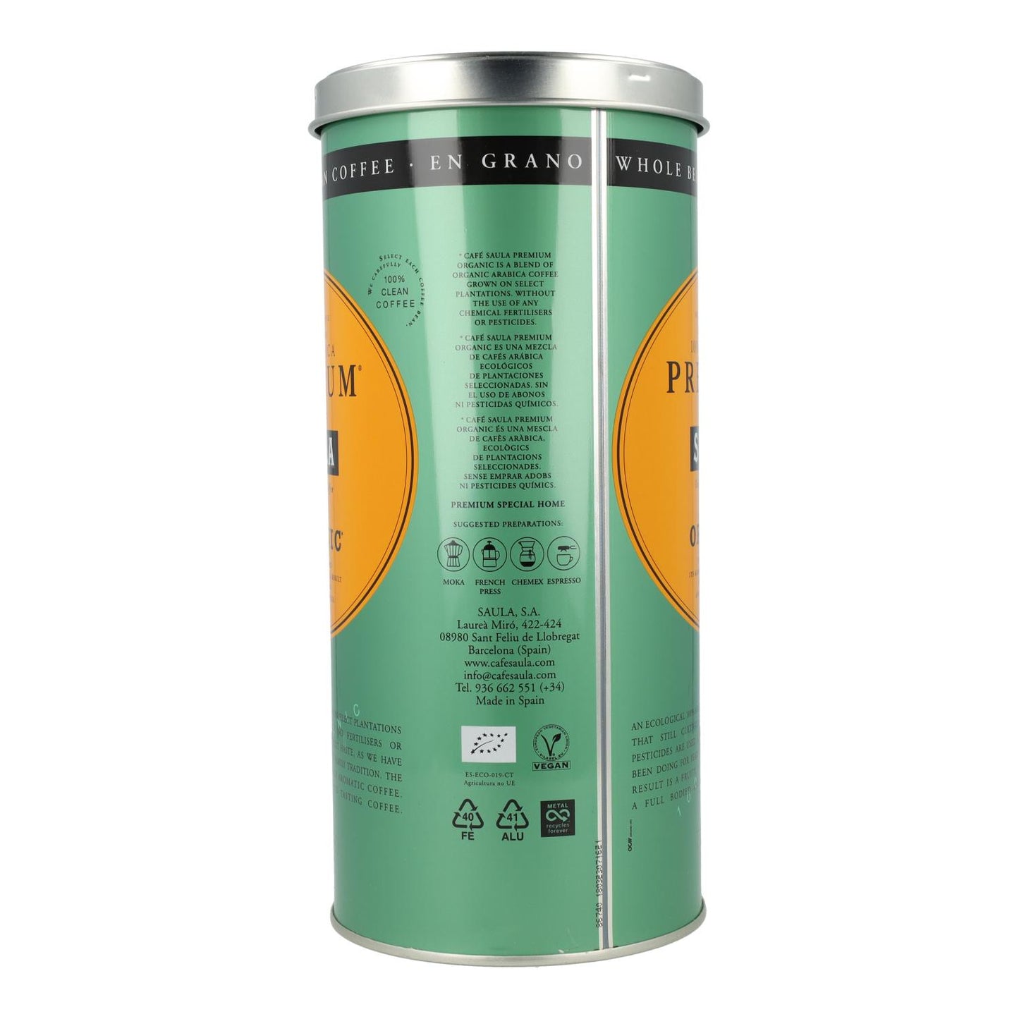 Café Saula Premium Ecológico en Grano 500g