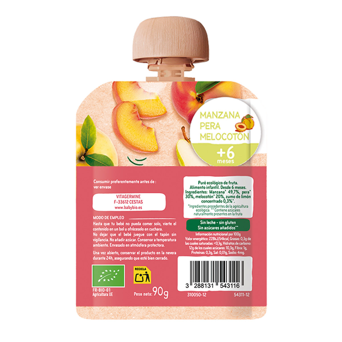 Pouche Manzana Pera y Melocotón BabyBio 90g