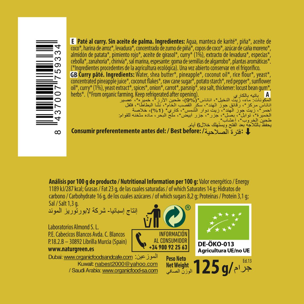 Paté Curry Bio Naturgreen 125 g