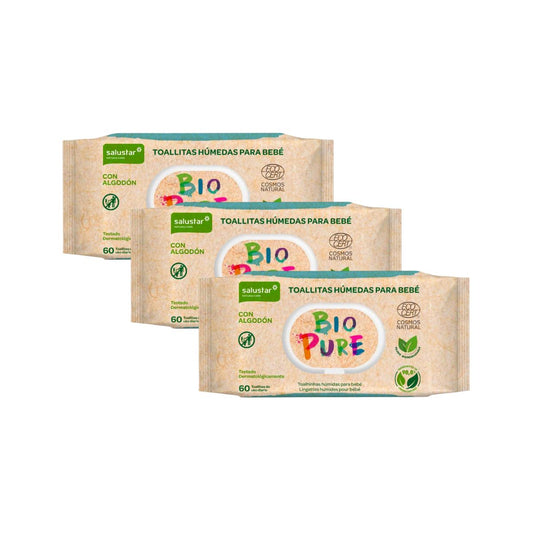 PACK 3x Toallitas Húmedas para bebé Biopure biodegradables Salustar 60 uds