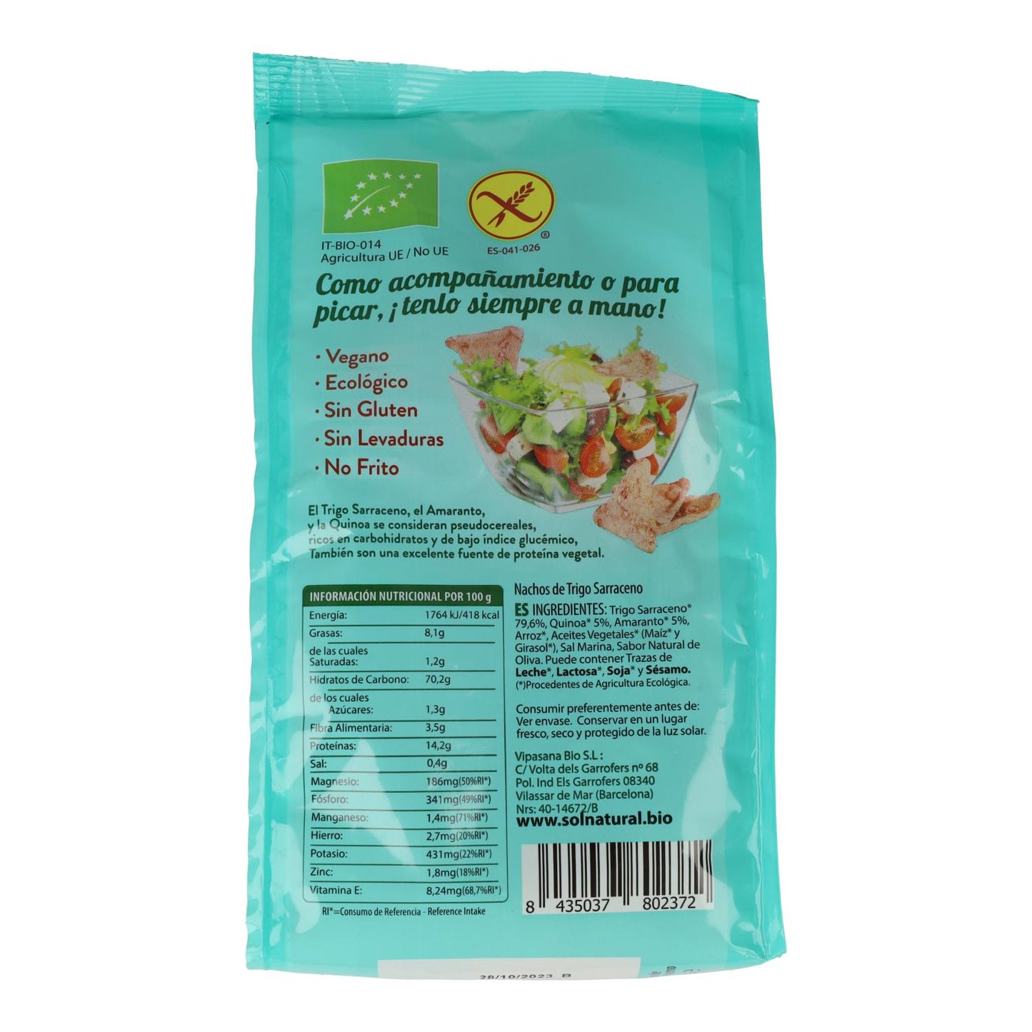 Nachos de Trigo Sarraceno con Amaranto y Quinoa BIO sin gluten Sol Natural 80 g