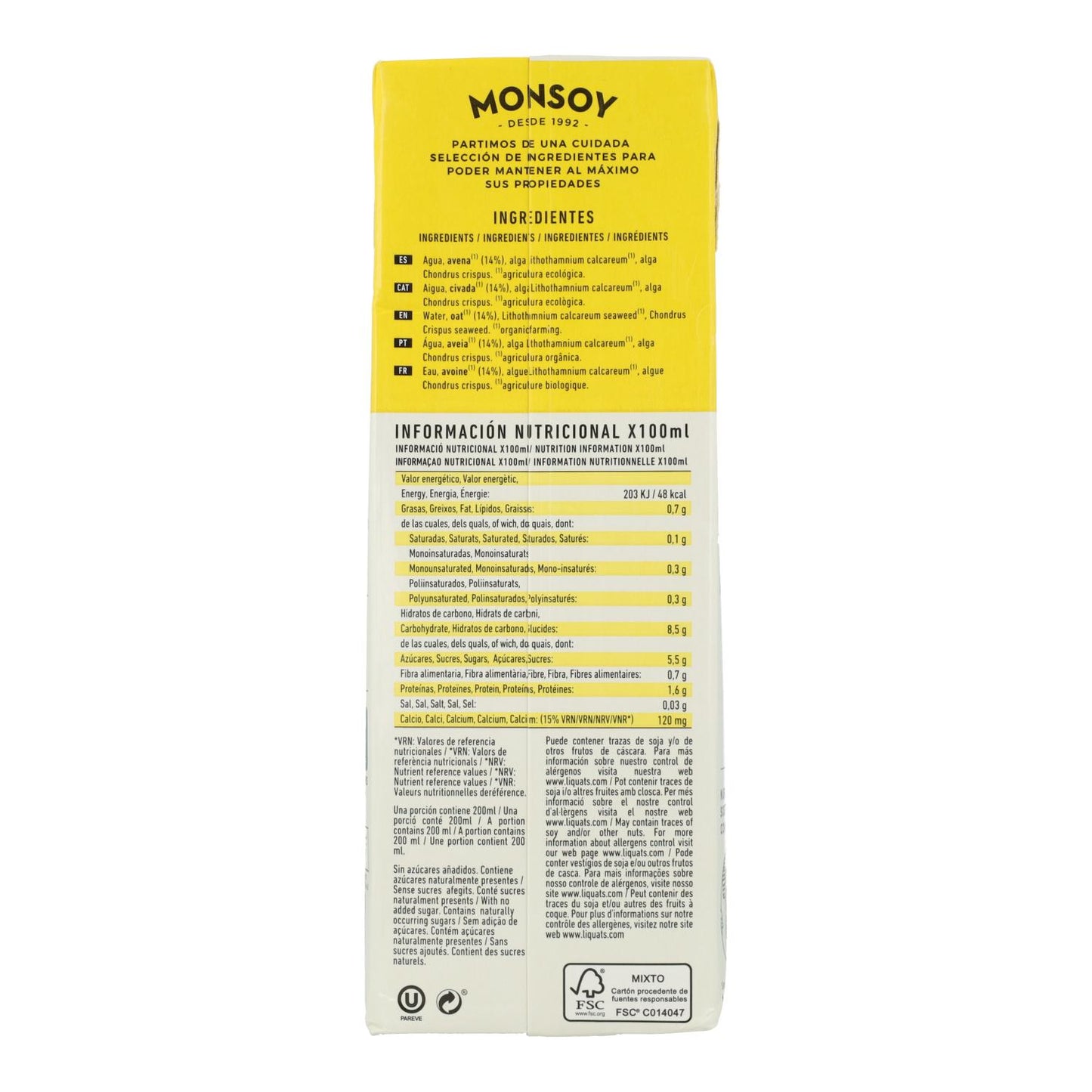 Bebida Avena con Calcio BIO Monsoy 1 L