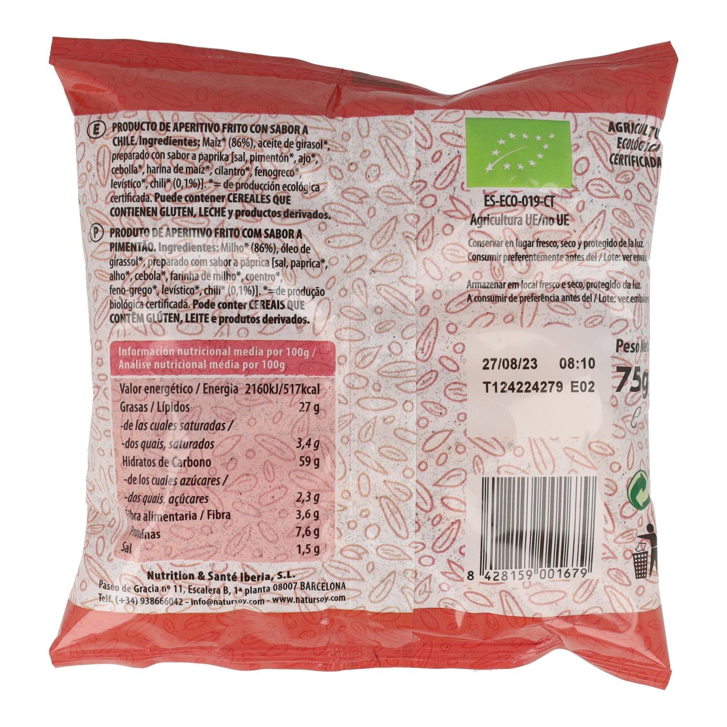 Chips de maíz y chili, 75 g. Natursoy