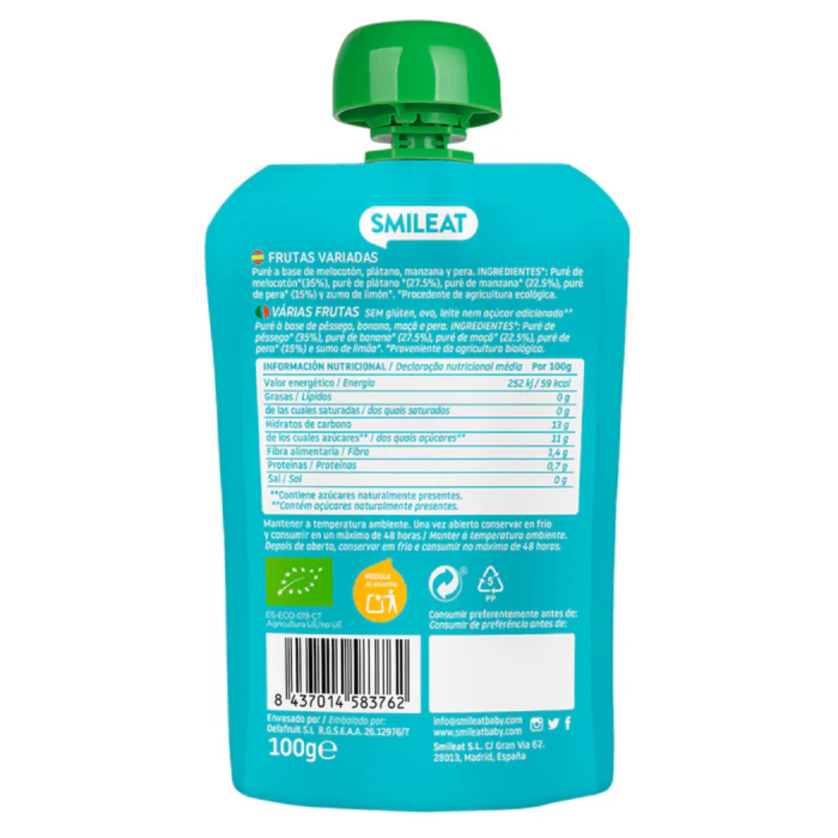 Pack 10 uds Pouches Fruta Variada Ecológico Smileat 100 g