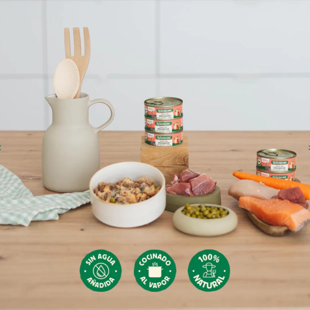Lata completa Guiso del Pescador con Salmón y Cerdo para Gatos Wild Balance 80gr