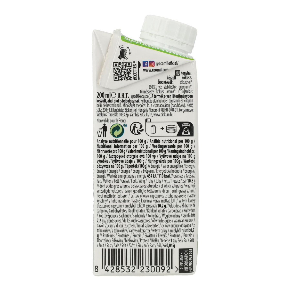 Preparado culinario Leche de Coco Cuisine Ecomil 200 ml