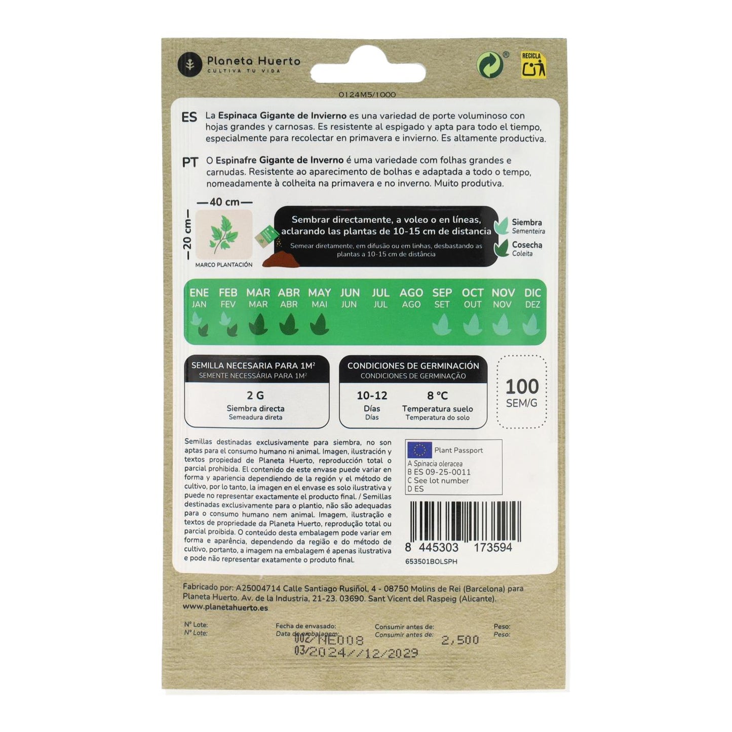 Semillas de Espinaca gigante de invierno ecológicas Planeta Huerto