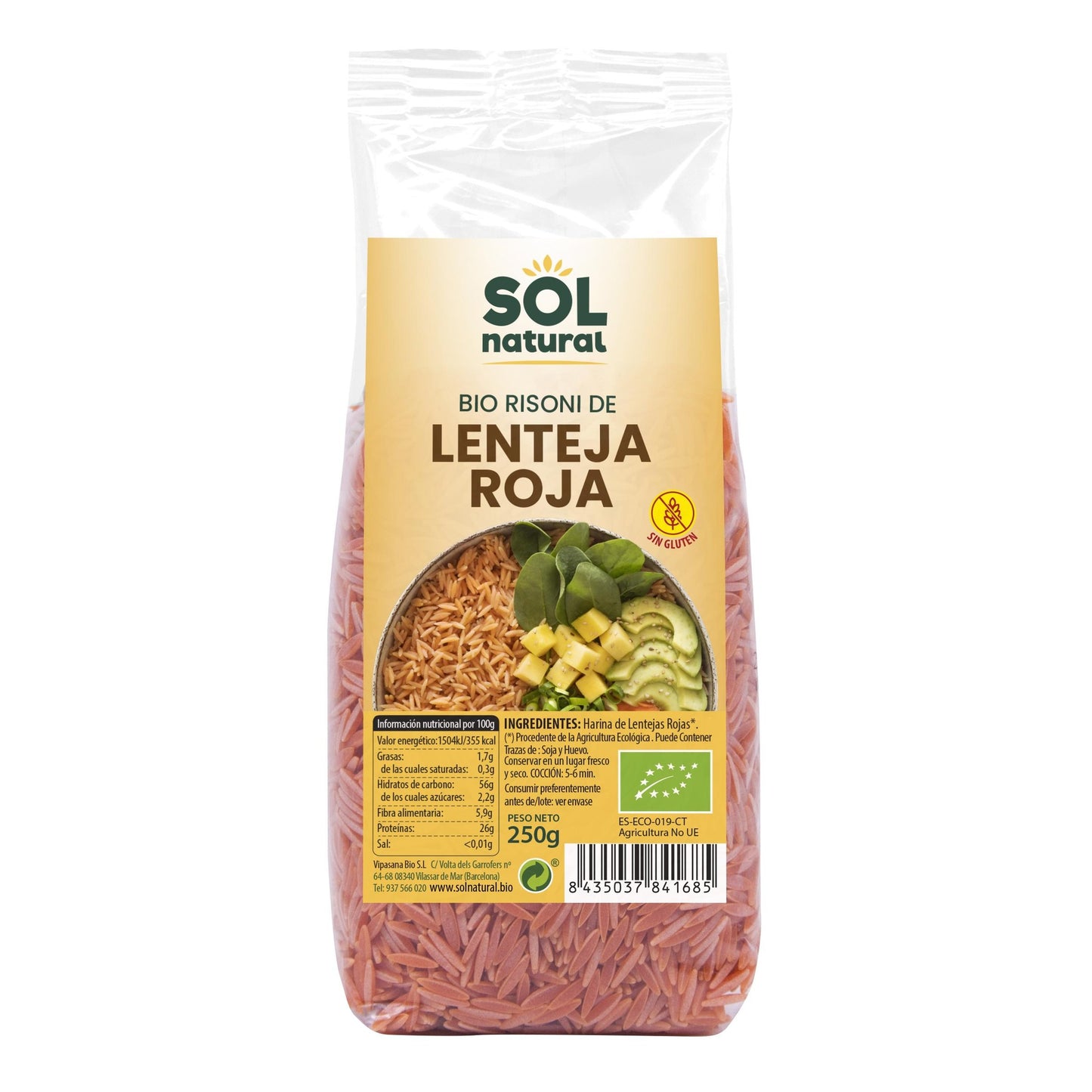 Risoni de lenteja roja sin gluten bio Sol Natural 250 g