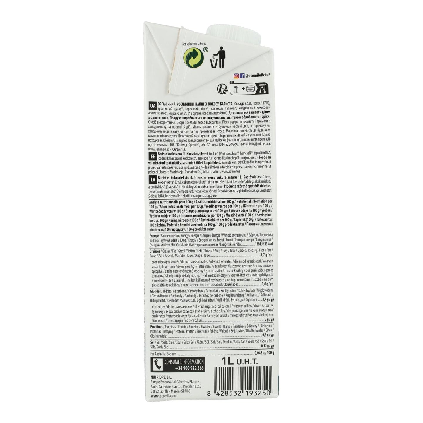 Pack 6x Bebida vegetal de Coco Barista BIO EcoMil 1L