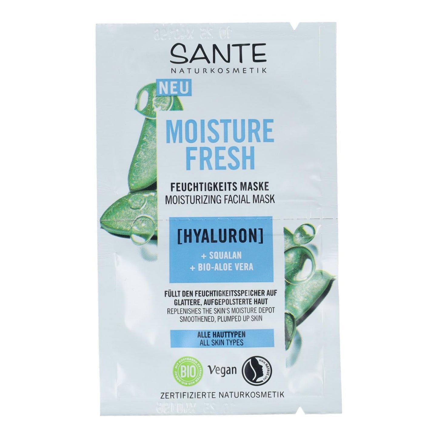 Mascarilla fresh hidratación ácido hialurónico & aloe, Sante 2 x 4 ml