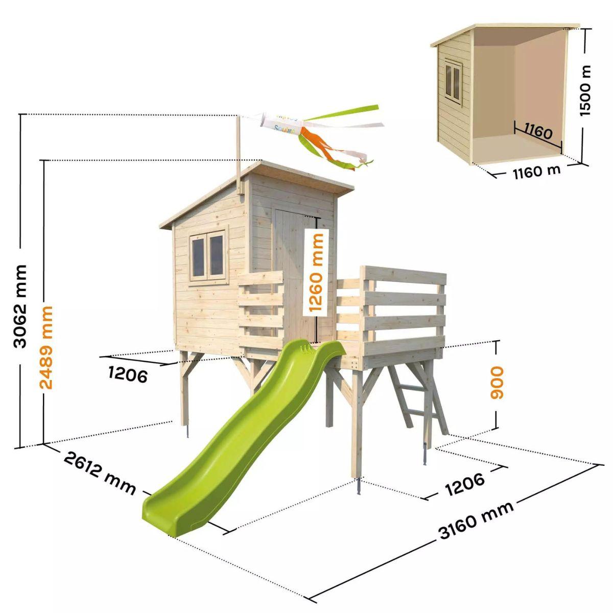 Casita infantil elevada de madera con tobogán Portland Soulet