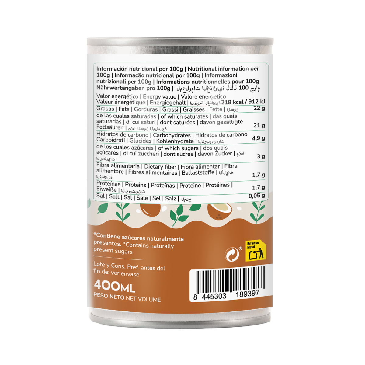 Crema de coco concentrada 91% para cocinar ECO Planeta Huerto 400 ml