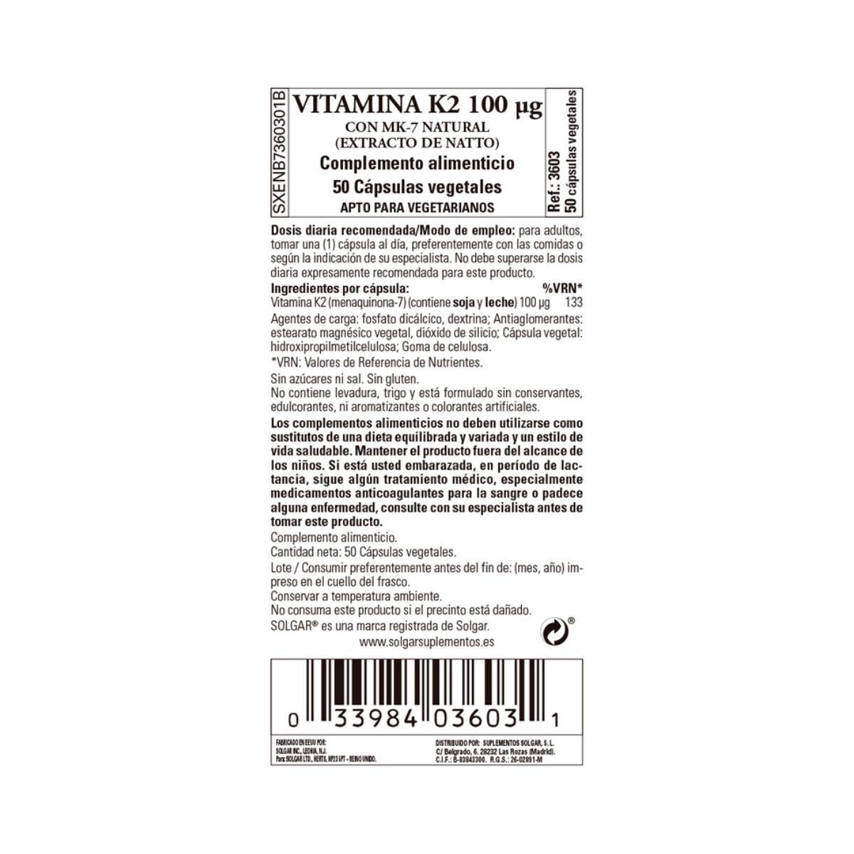 Vitamina K2, 50 cápsulas vegetales de 100μg