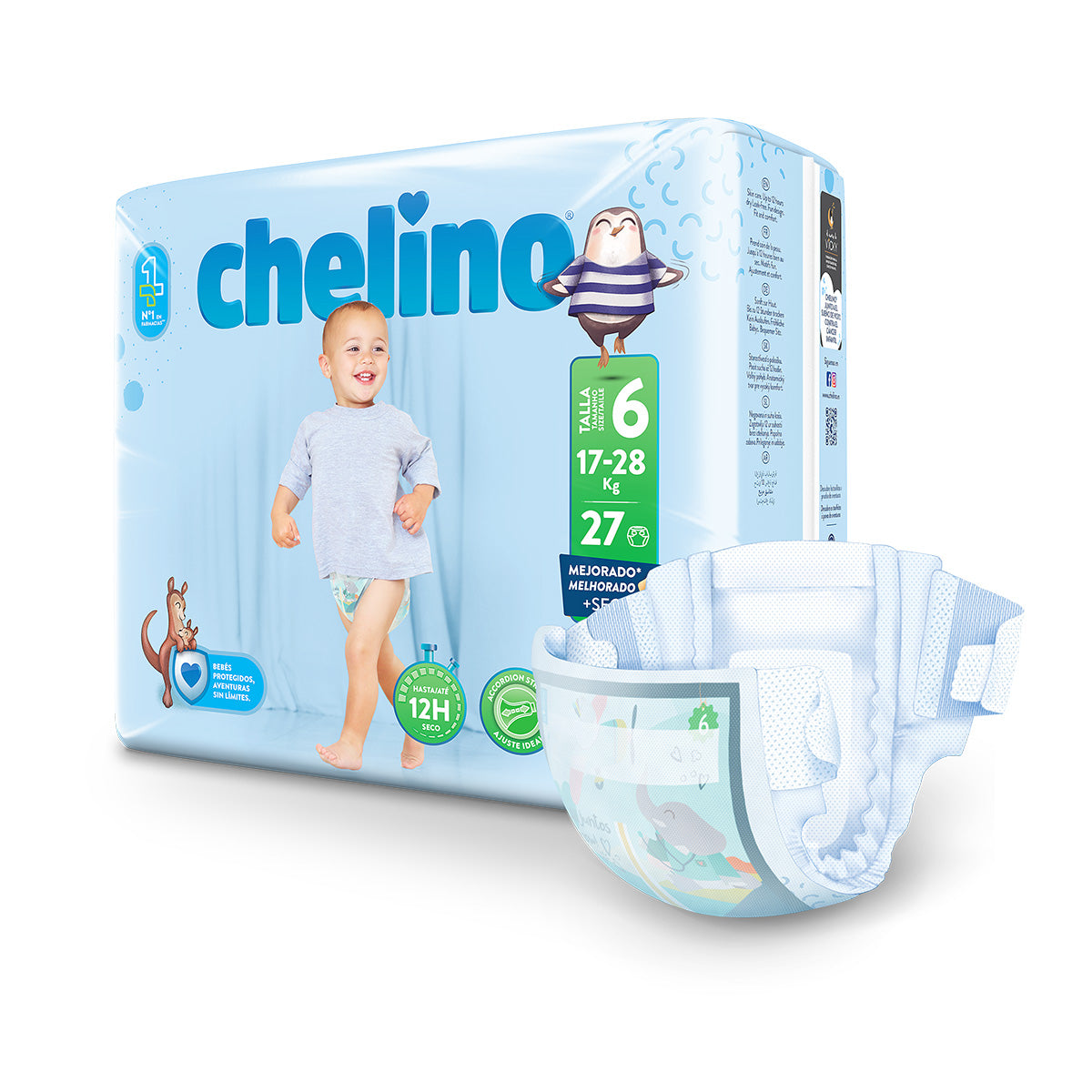 Pack 6x Pañal T6 Junior (17-28Kg) 27 uds, Chelino