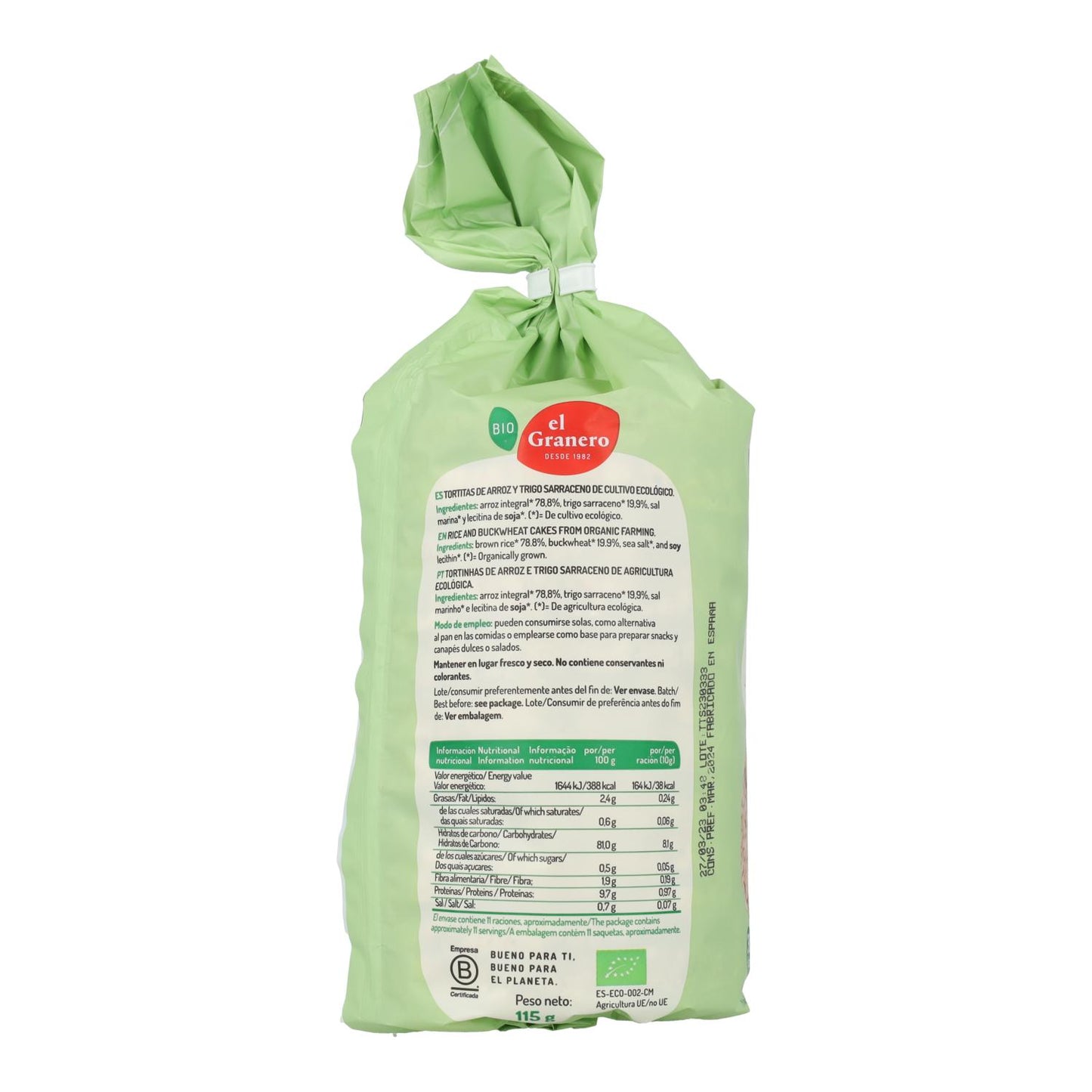 Tortitas de Arroz con Trigo Sarraceno El Granero, 100 g