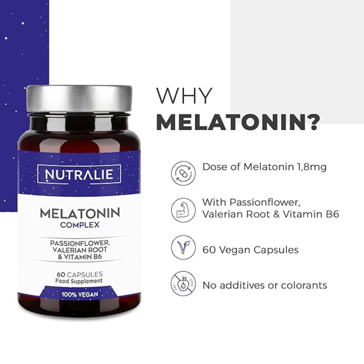 Melatonina con Pasiflora + Raíz Valeriana + B6 Nutralie 60 cápsulas