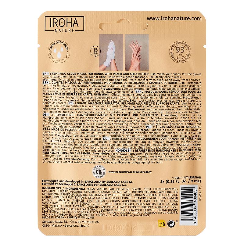 Guantes Mascarilla reparadores Melocotón y Manteca de Karité Iroha Nature 2 x 9ml