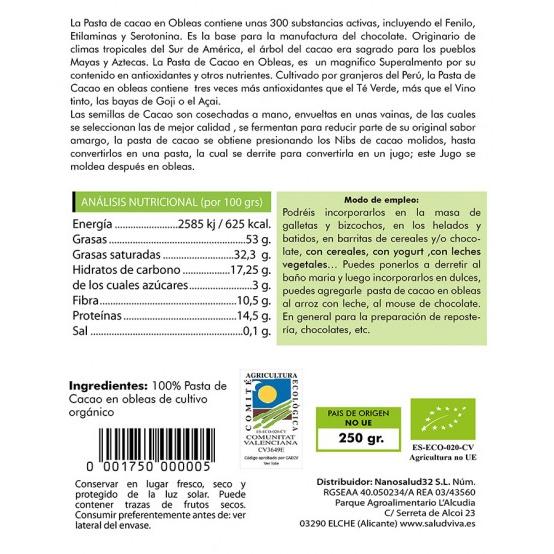 Pasta de cacao en obleas ECO 250 g, Salud Viva