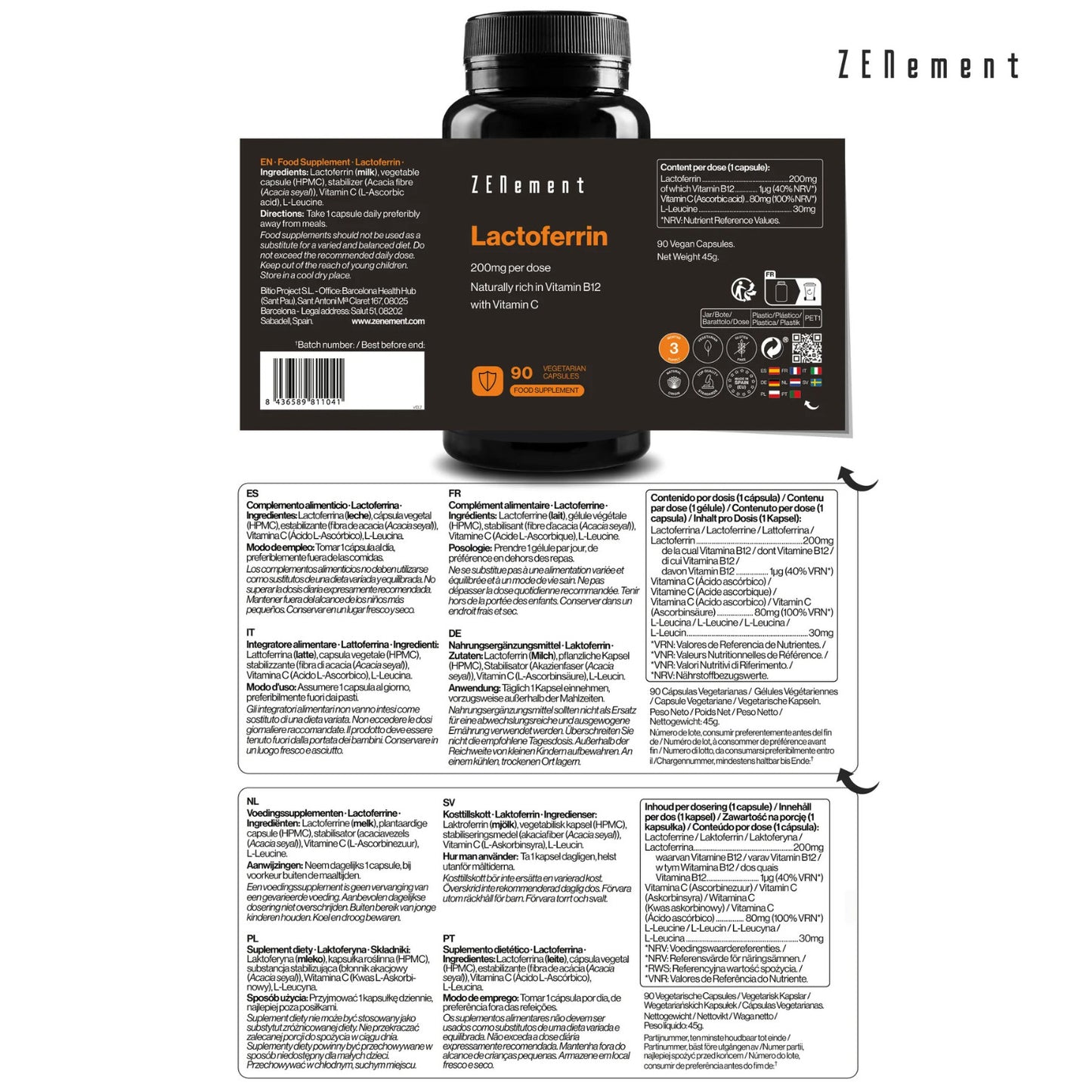 Lactoferrina 200 mg Zenement 90 Cápsulas Vegetarianas