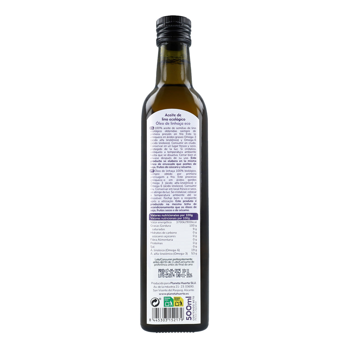 Aceite de Lino prensado en frío ECO Planeta Huerto 500 ml