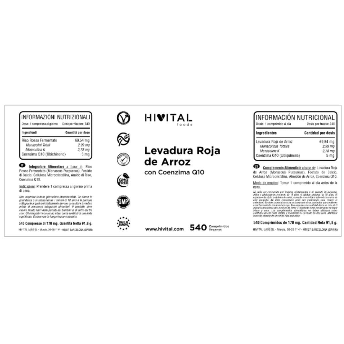 Levadura de Arroz Rojo con Coenzima Q10  Hivital 540 cápsulas veganas