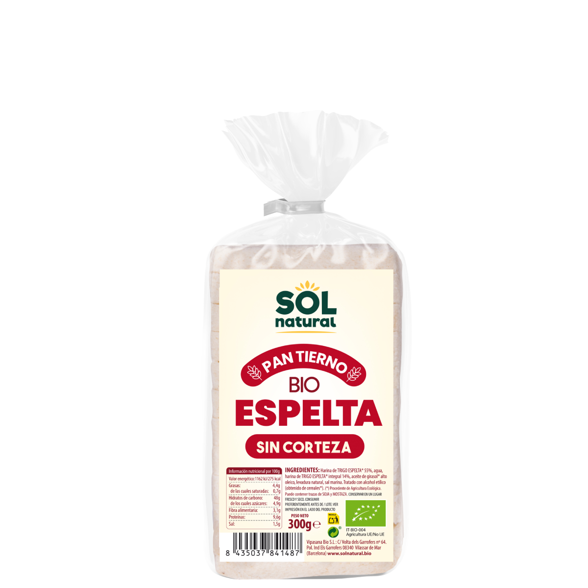 Pan de molde de espelta sin corteza bio Sol Natural 300 g
