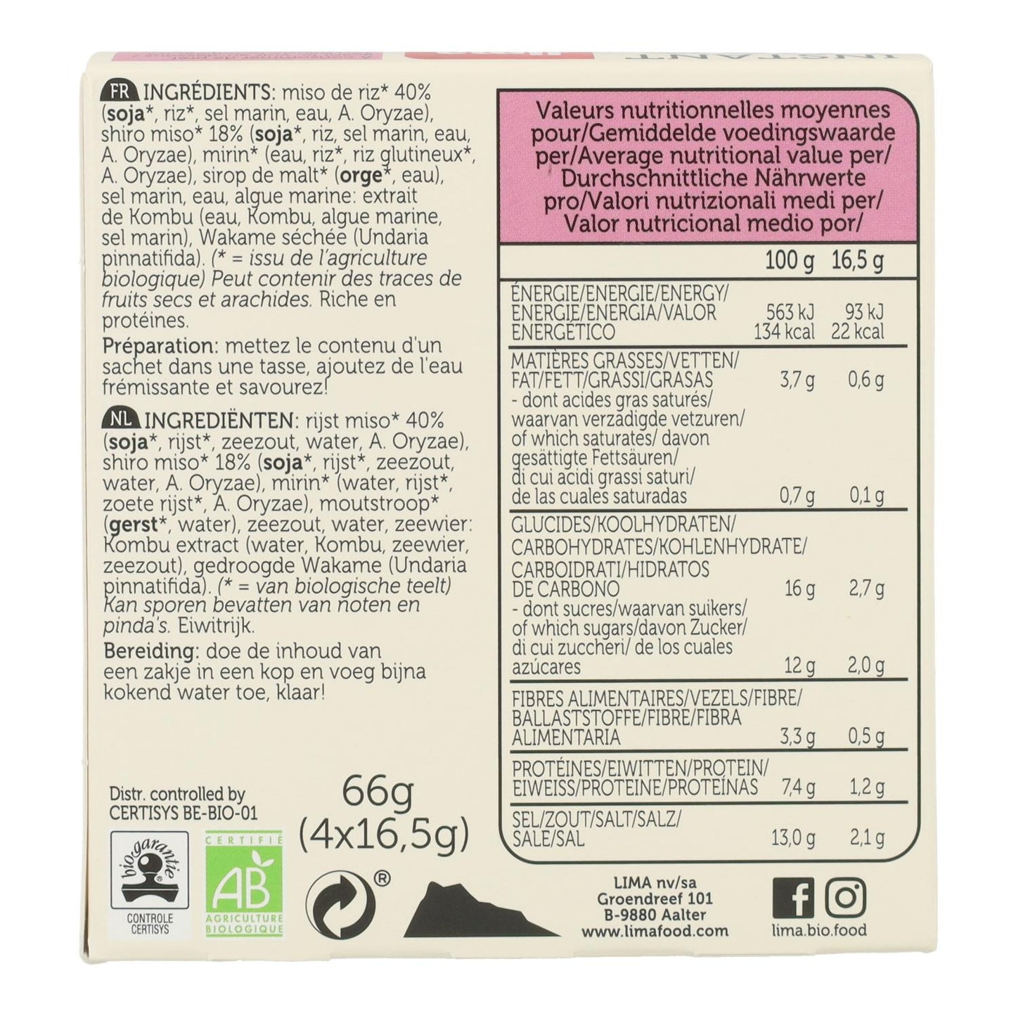 Sopa Instantánea de Shiro Miso blanco Bio Lima, 4x16,5 g