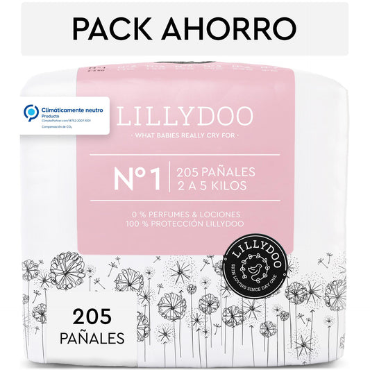 Pack ahorro Pañales LILLYDOO, Talla 1, 2-5 Kg, 205 uds