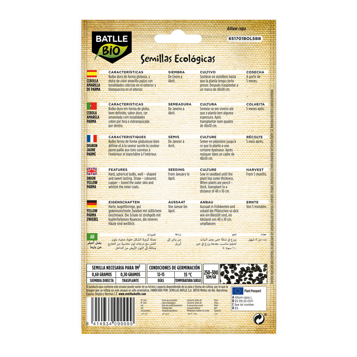 Semillas de Cebolla amarilla de Parma ecológicas Batlle